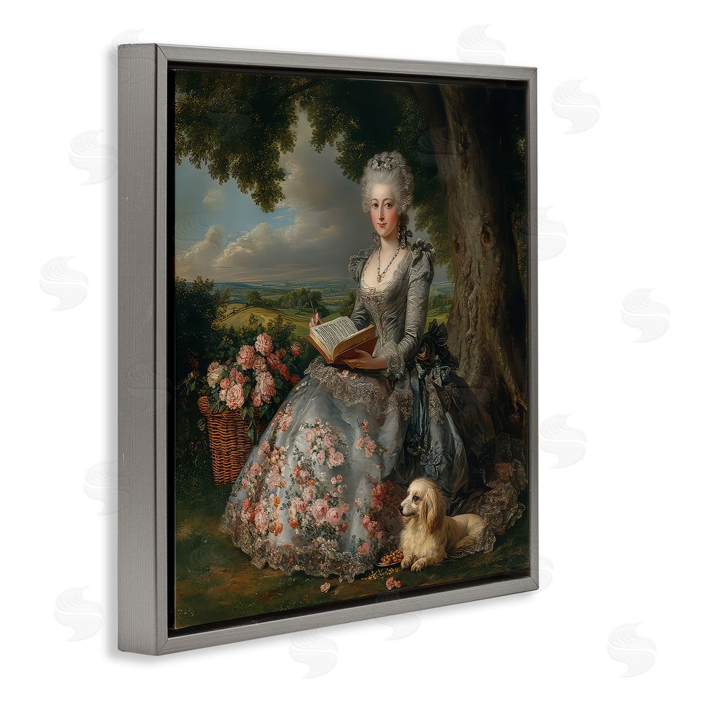 The Wands Want Reading Rococo Lady with Dog Gray Floating Frame Canvas Wall Art Print