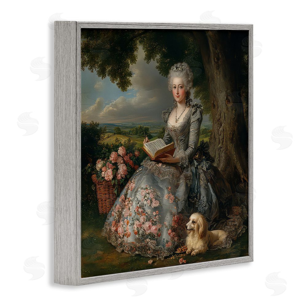 The Wands Want Reading Rococo Lady with Dog Gray Framed Giclee Wall Art Print