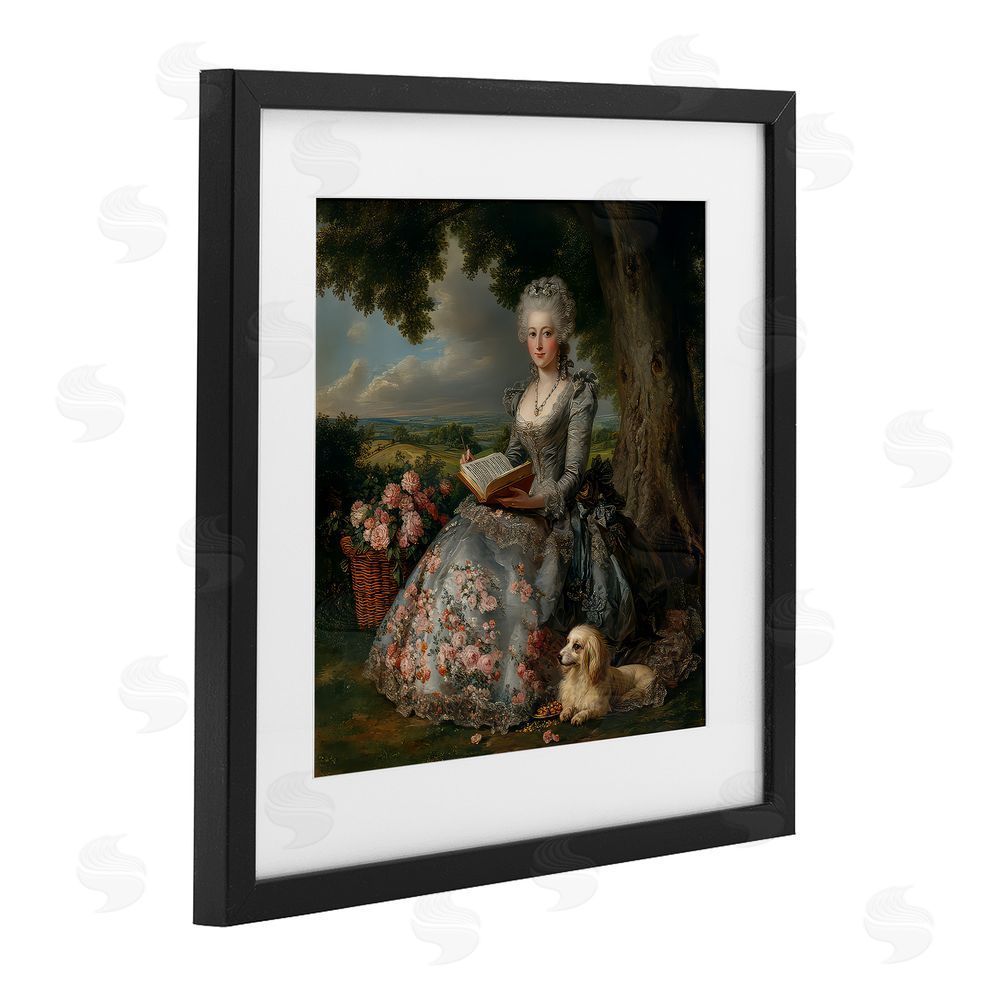 The Wands Want Reading Rococo Lady with Dog Black Framed Print Under Glass Wall Art