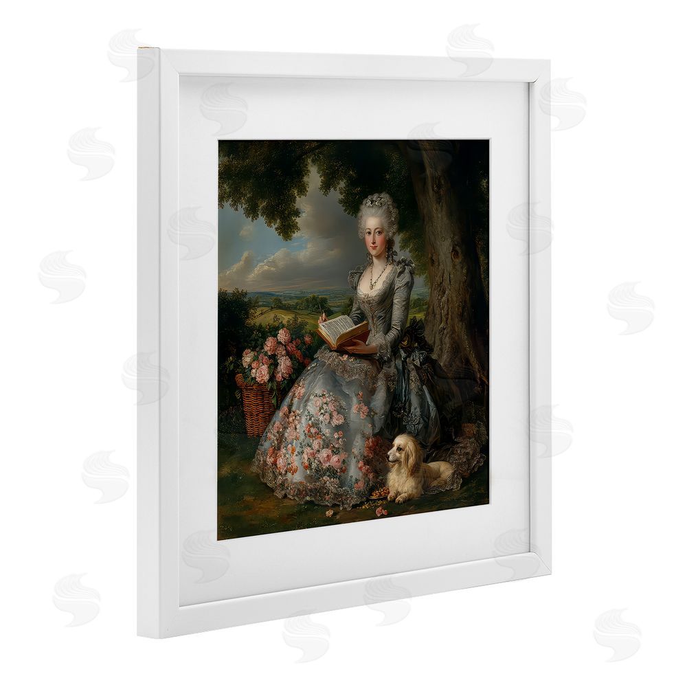 The Wands Want Reading Rococo Lady with Dog White Framed Print Under Glass Wall Art