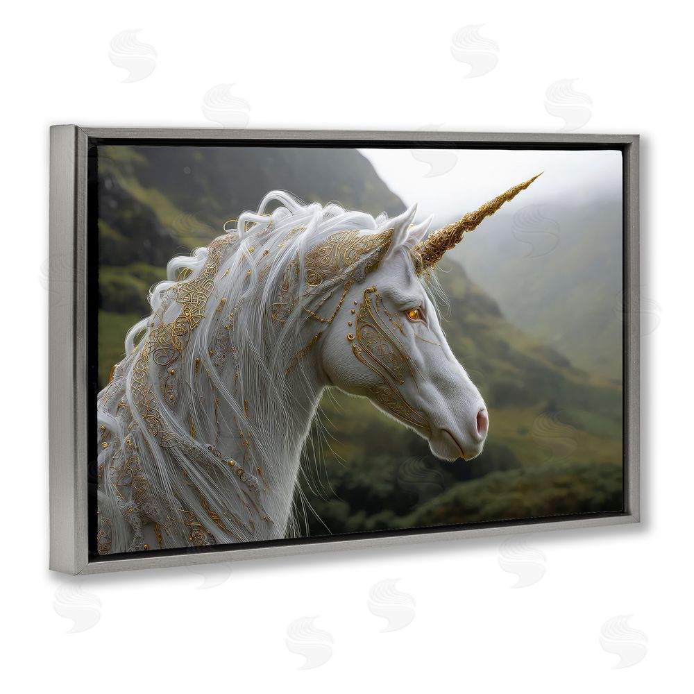 The Wands Want Ornate Celtic Unicorn Gray Floating Frame Canvas Wall Art Print