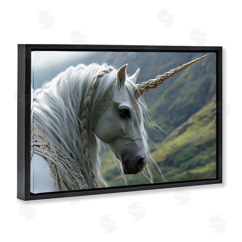 The Wands Want Celtic Unicorn Braided Mane Black Floating Frame Canvas Wall Art Print