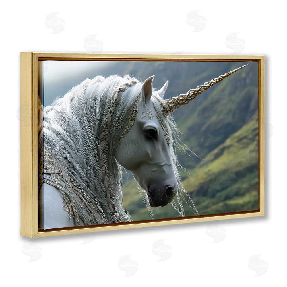 The Wands Want Celtic Unicorn Braided Mane Gold Floating Frame Canvas Wall Art Print