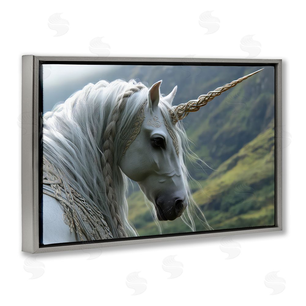 The Wands Want Celtic Unicorn Braided Mane Gray Floating Frame Canvas Wall Art Print