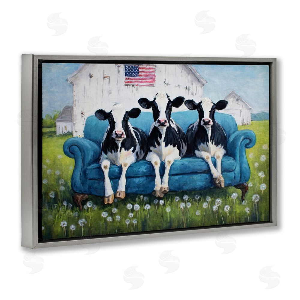 Tina LeCour Barnyard Sofa Sisters Gray Floating Frame Canvas Wall Art Print