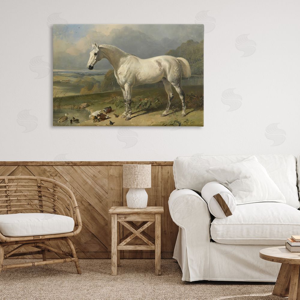 Tina LeCour Grey Horse And Ducks In Landscape Stretched Canvas Wall Art in Room