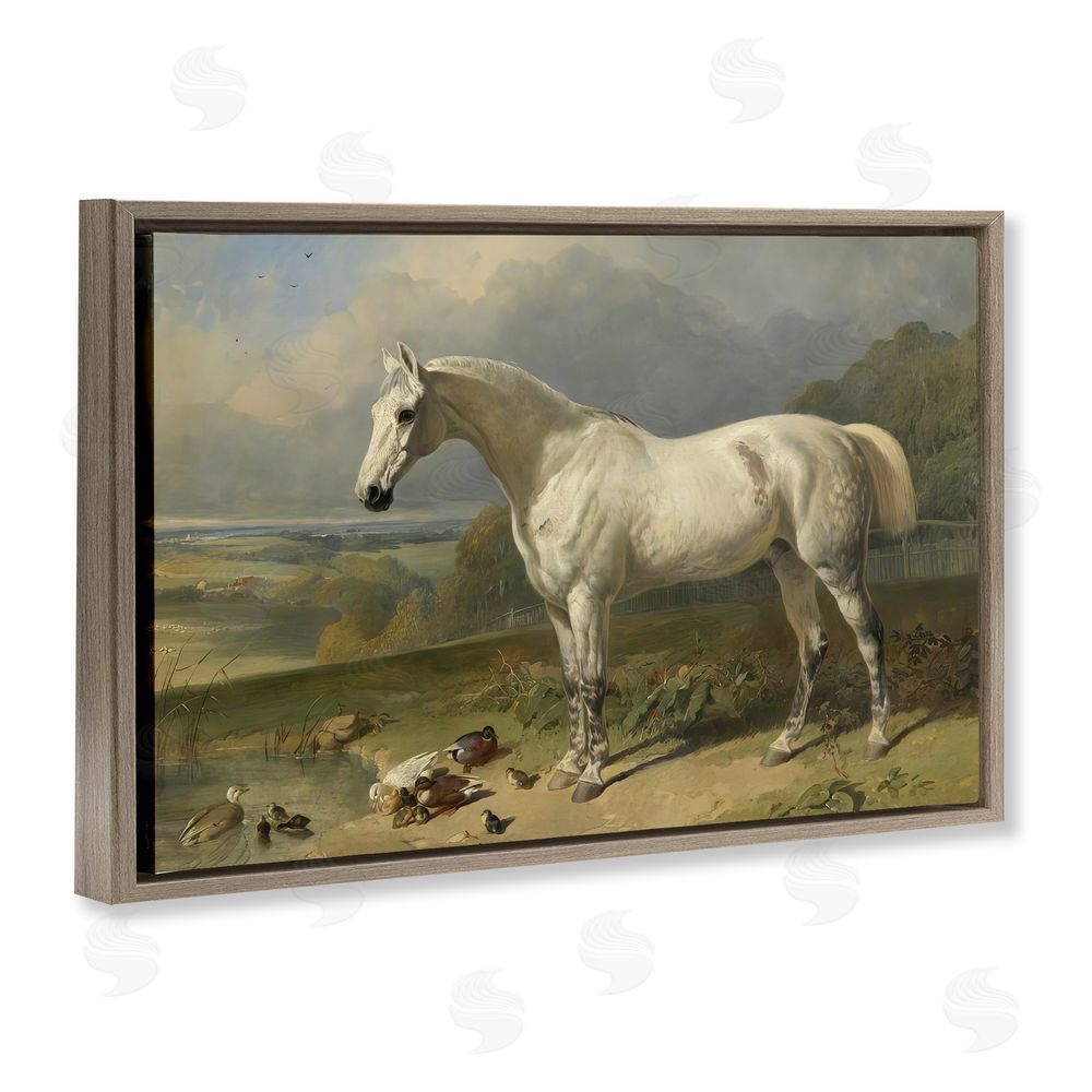 Tina LeCour Grey Horse And Ducks In Landscape Brown Floating Frame Canvas Wall Art Print