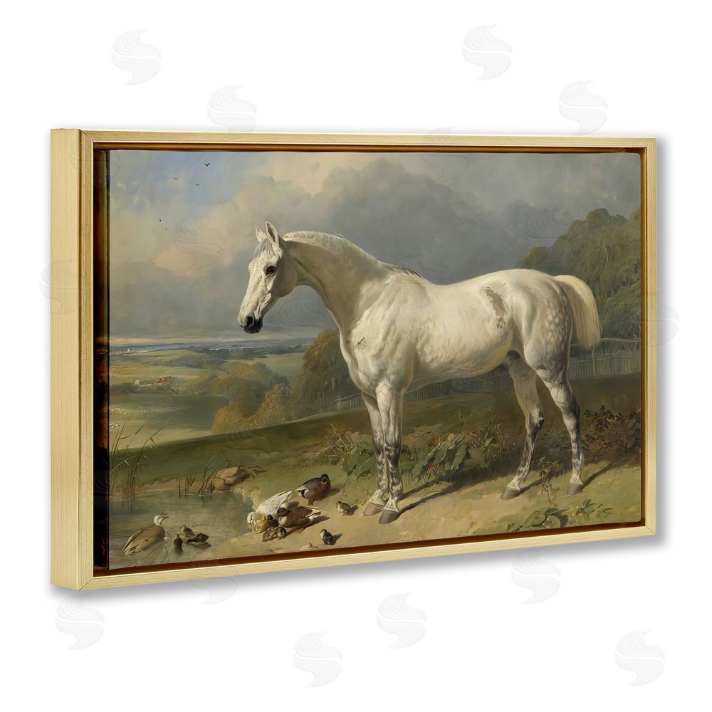 Tina LeCour Grey Horse And Ducks In Landscape Gold Floating Frame Canvas Wall Art Print