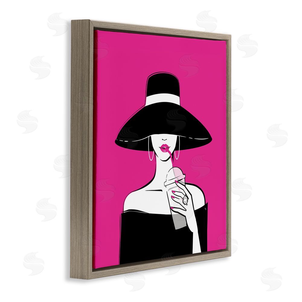 Martina Pavlova Black Hat Glamourous Woman Brown Floating Frame Stretched Canvas Wall Art Print