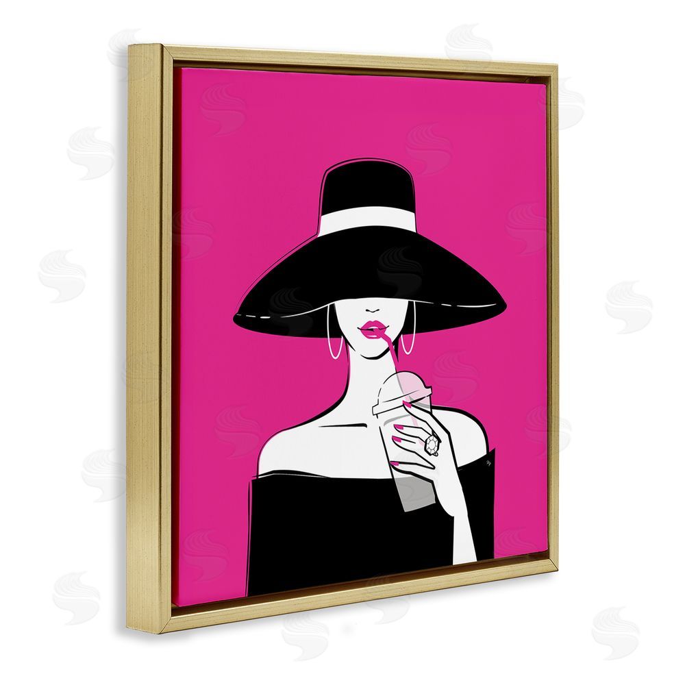 Martina Pavlova Black Hat Glamourous Woman Gold Floating Frame Stretched Canvas Wall Art Print