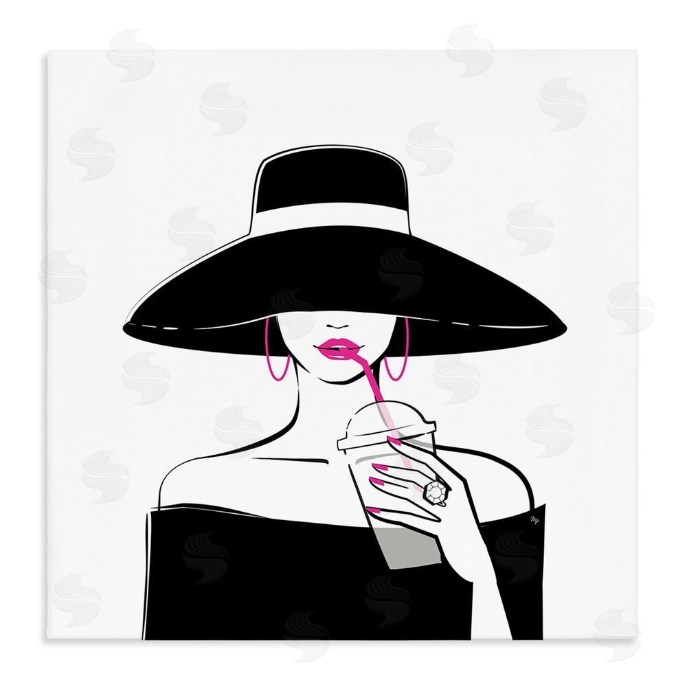 Martina Pavlova Chic Black Hat Sipping Coffee Stretched Canvas Wall Art