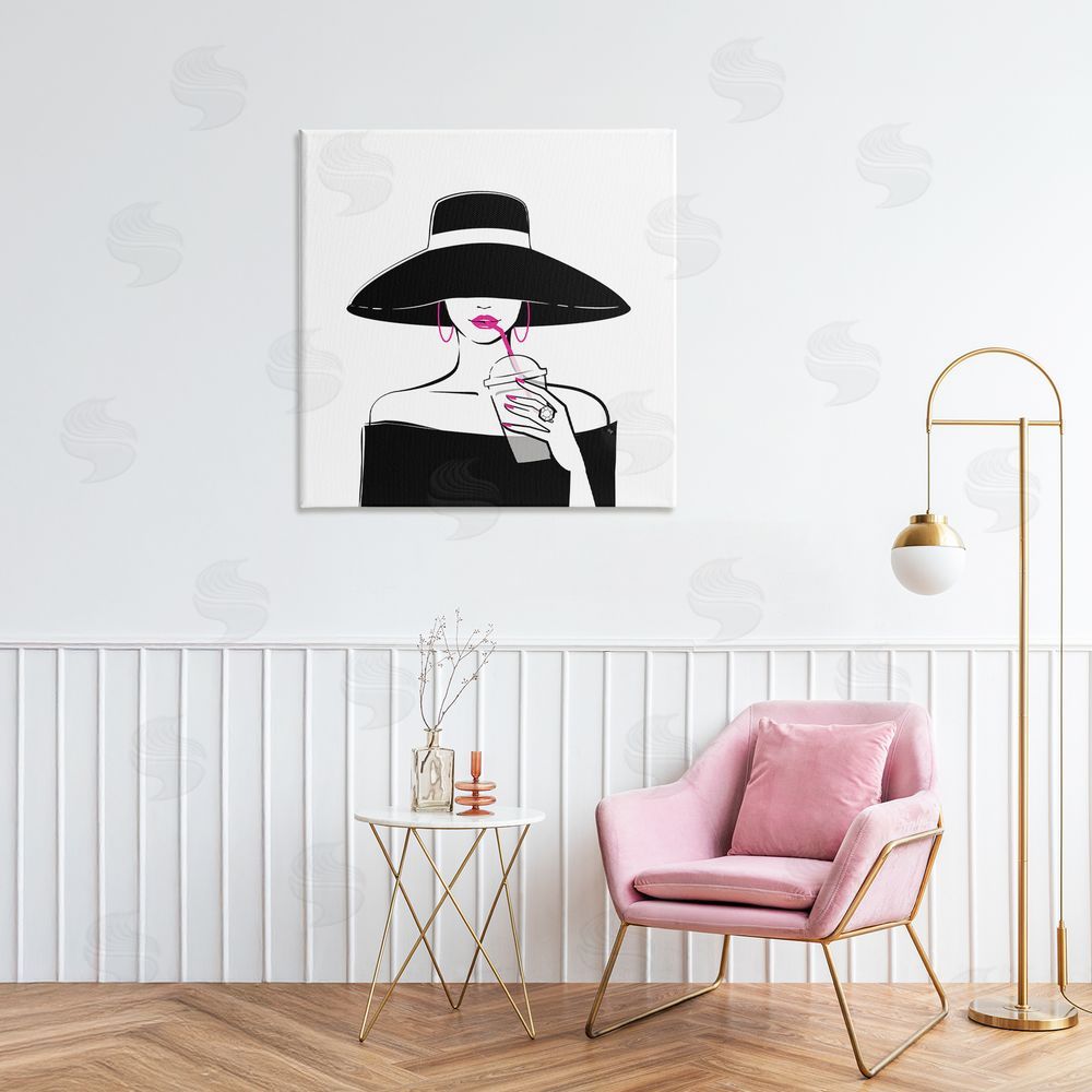Martina Pavlova Chic Black Hat Sipping Coffee Stretched Canvas Wall Art in Room