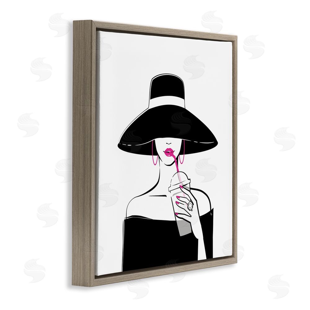 Martina Pavlova Chic Black Hat Sipping Coffee Brown Floating Frame Canvas Wall Art Print
