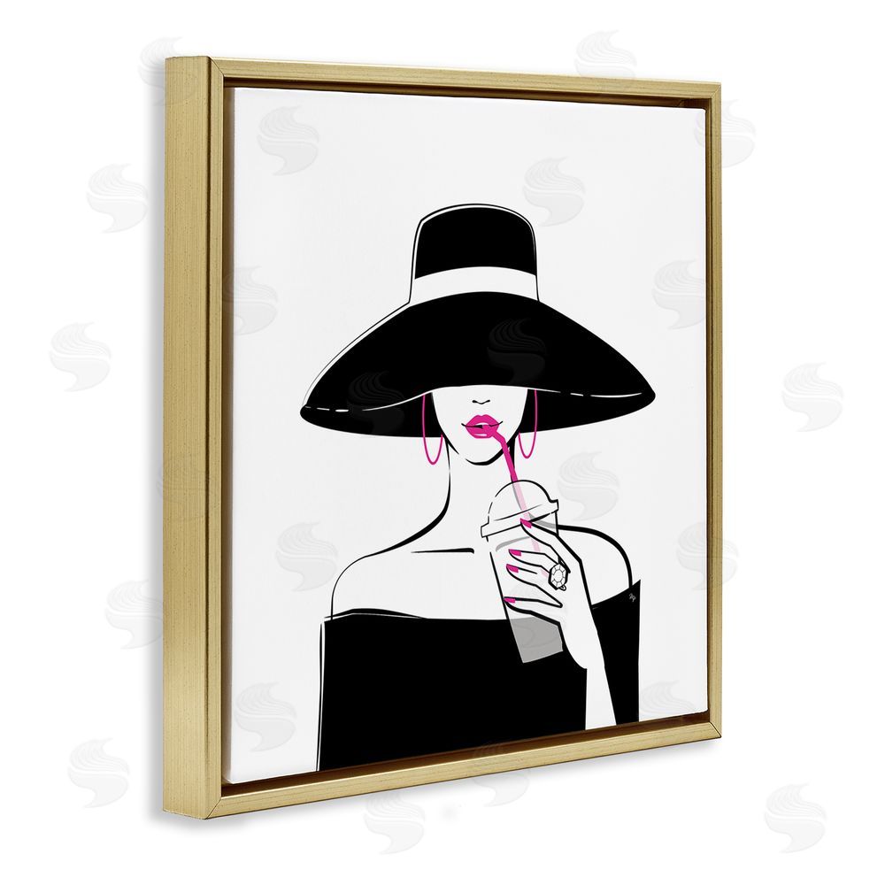 Martina Pavlova Chic Black Hat Sipping Coffee Gold Floating Frame Canvas Wall Art Print