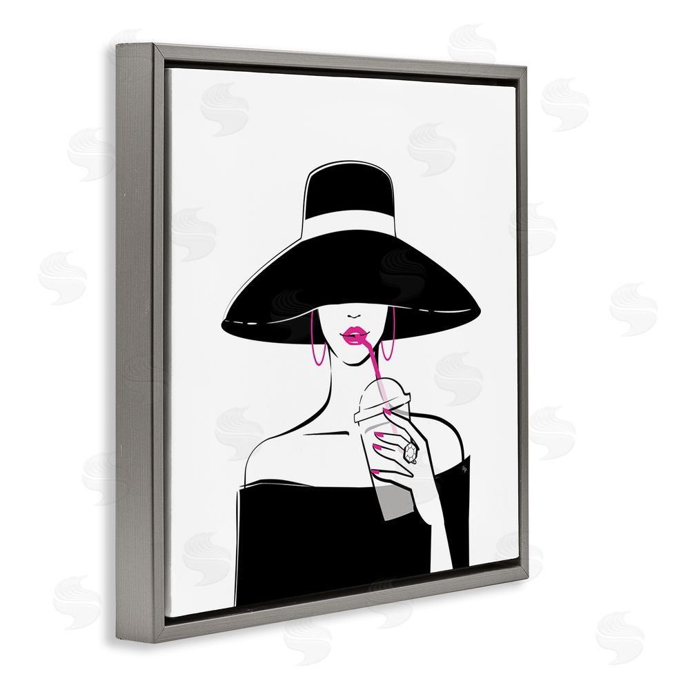 Martina Pavlova Chic Black Hat Sipping Coffee Gray Floating Frame Canvas Wall Art Print