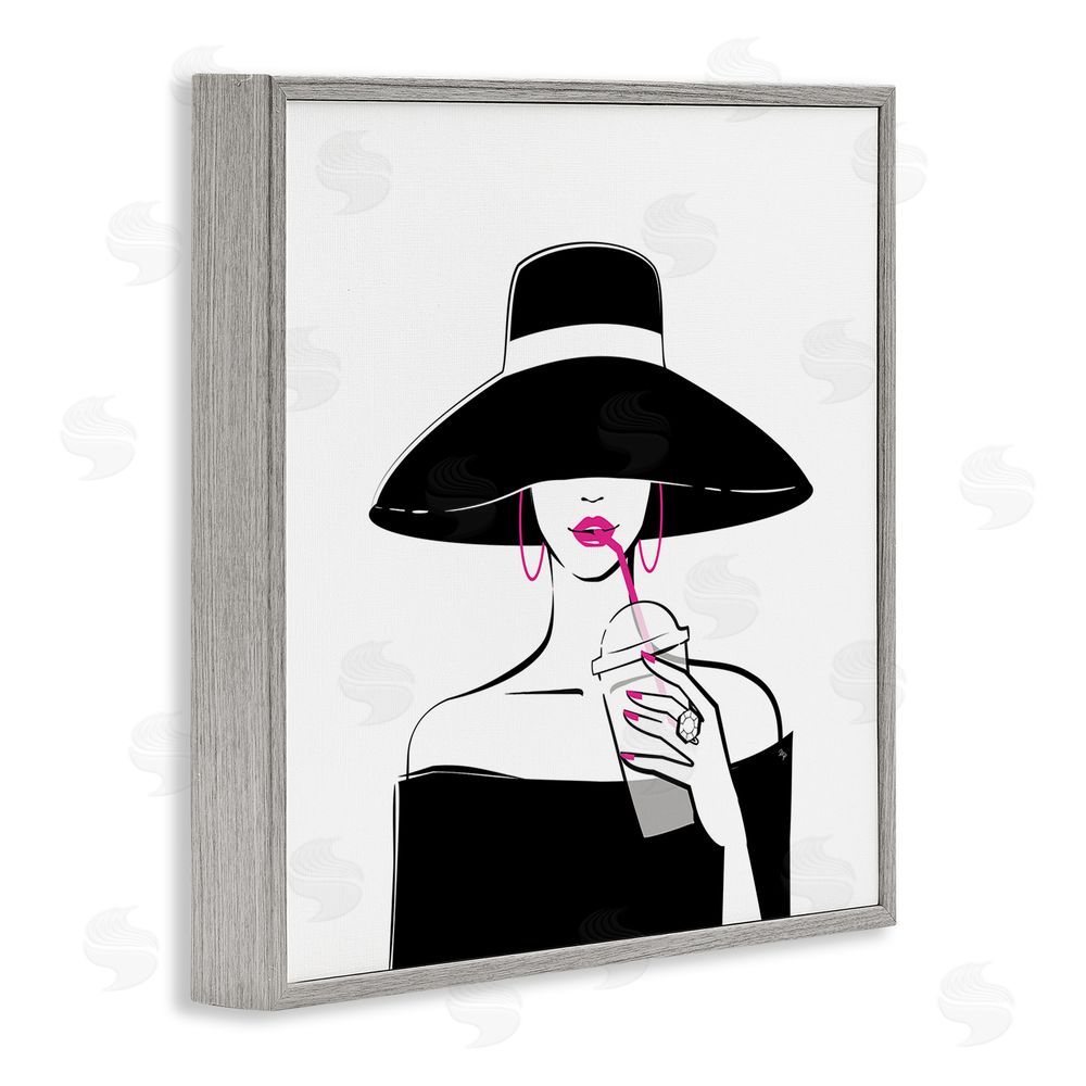 Martina Pavlova Chic Black Hat Sipping Coffee Gray Framed Giclee Wall Art Print