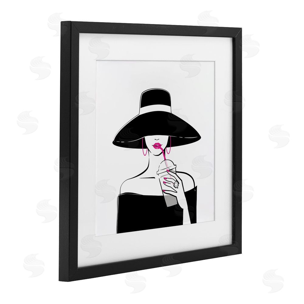Martina Pavlova Chic Black Hat Sipping Coffee Black Framed Print Under Glass Wall Art