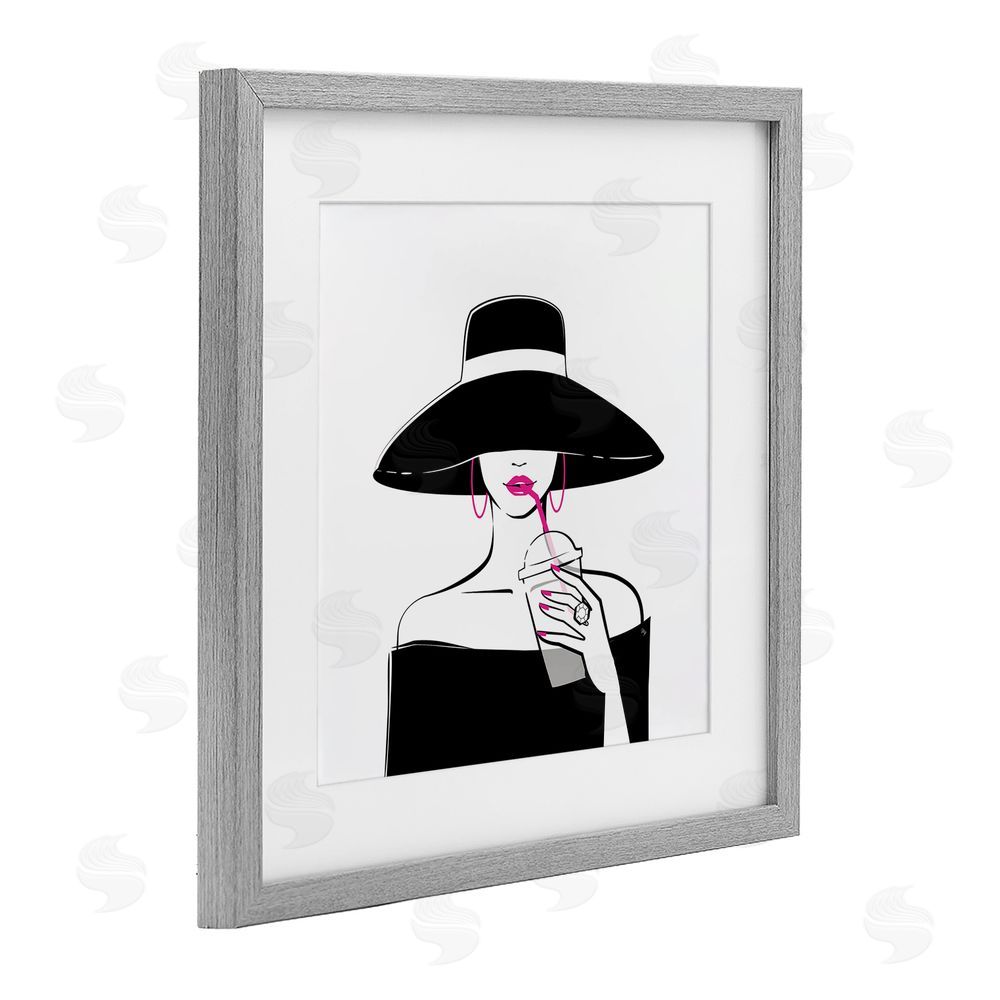 Martina Pavlova Chic Black Hat Sipping Coffee Gray Framed Print Under Glass Wall Art