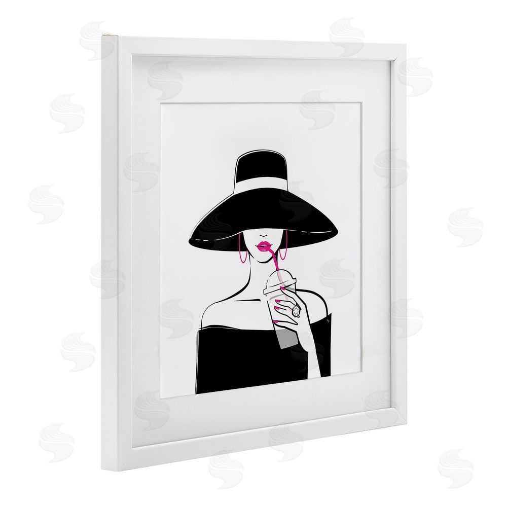 Martina Pavlova Chic Black Hat Sipping Coffee White Framed Print Under Glass Wall Art