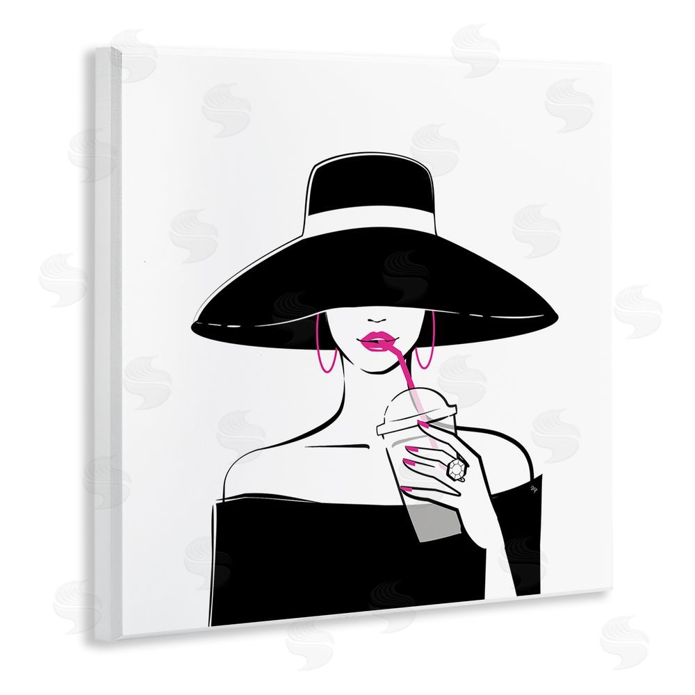 Martina Pavlova Chic Black Hat Sipping Coffee Wall Plaque with Fixed Lithograph Print