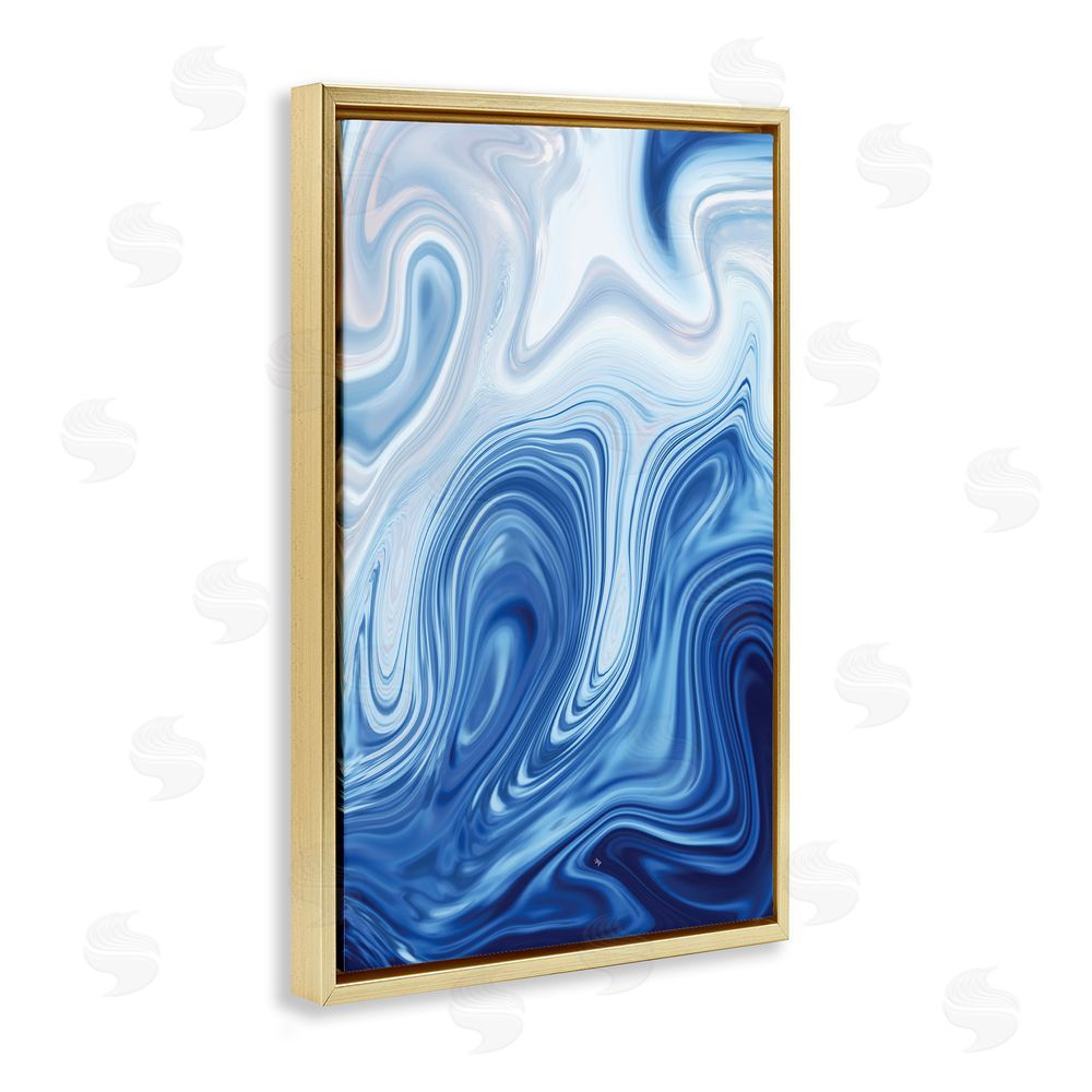 Martina Pavlova Blue Marble Fluidity Gold Floating Frame Stretched Canvas Wall Art Print