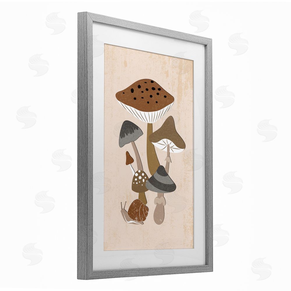 Martina Pavlova Earthy Fungi Mushrooms & Snail Gray Framed Print Under Glass Wall Art