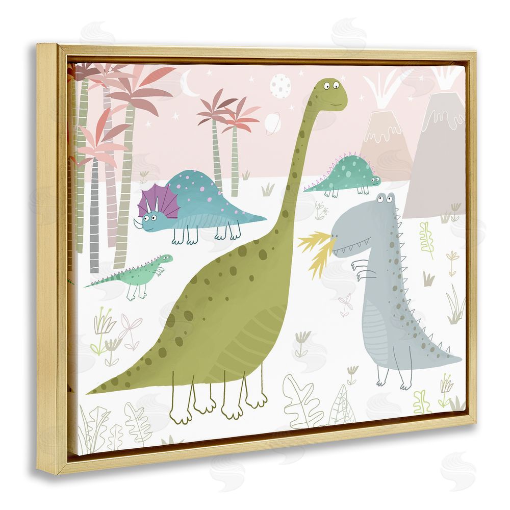 Carla Daly Earthy Jurassic Dinosaurs Gold Floating Frame Canvas Wall Art Print