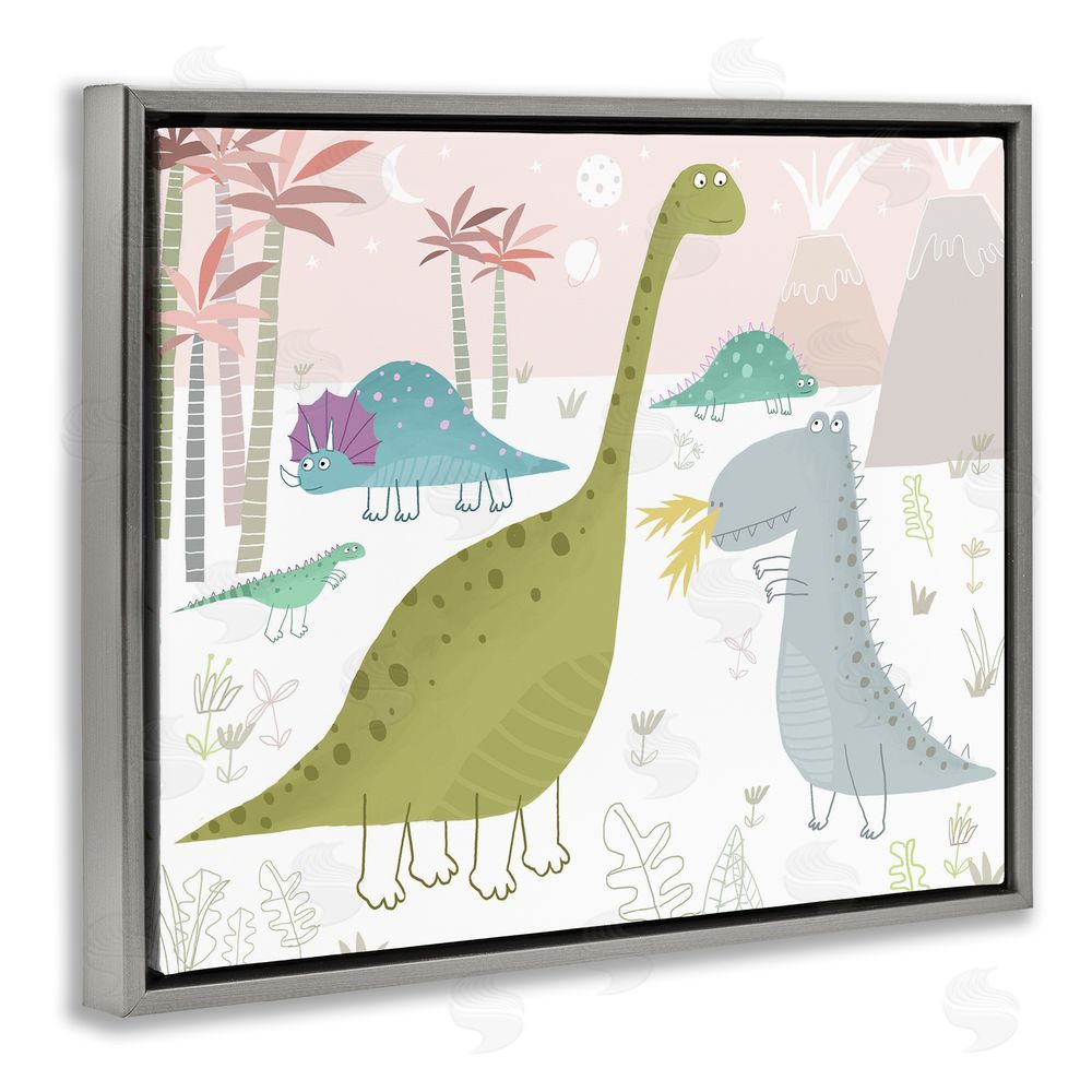 Carla Daly Earthy Jurassic Dinosaurs Gray Floating Frame Canvas Wall Art Print