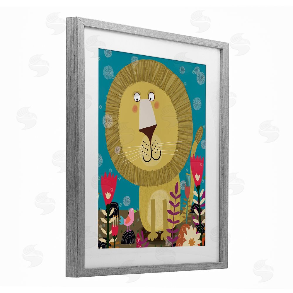 Carla Daly Boho Lion & Flowers Gray Framed Print Under Glass Wall Art