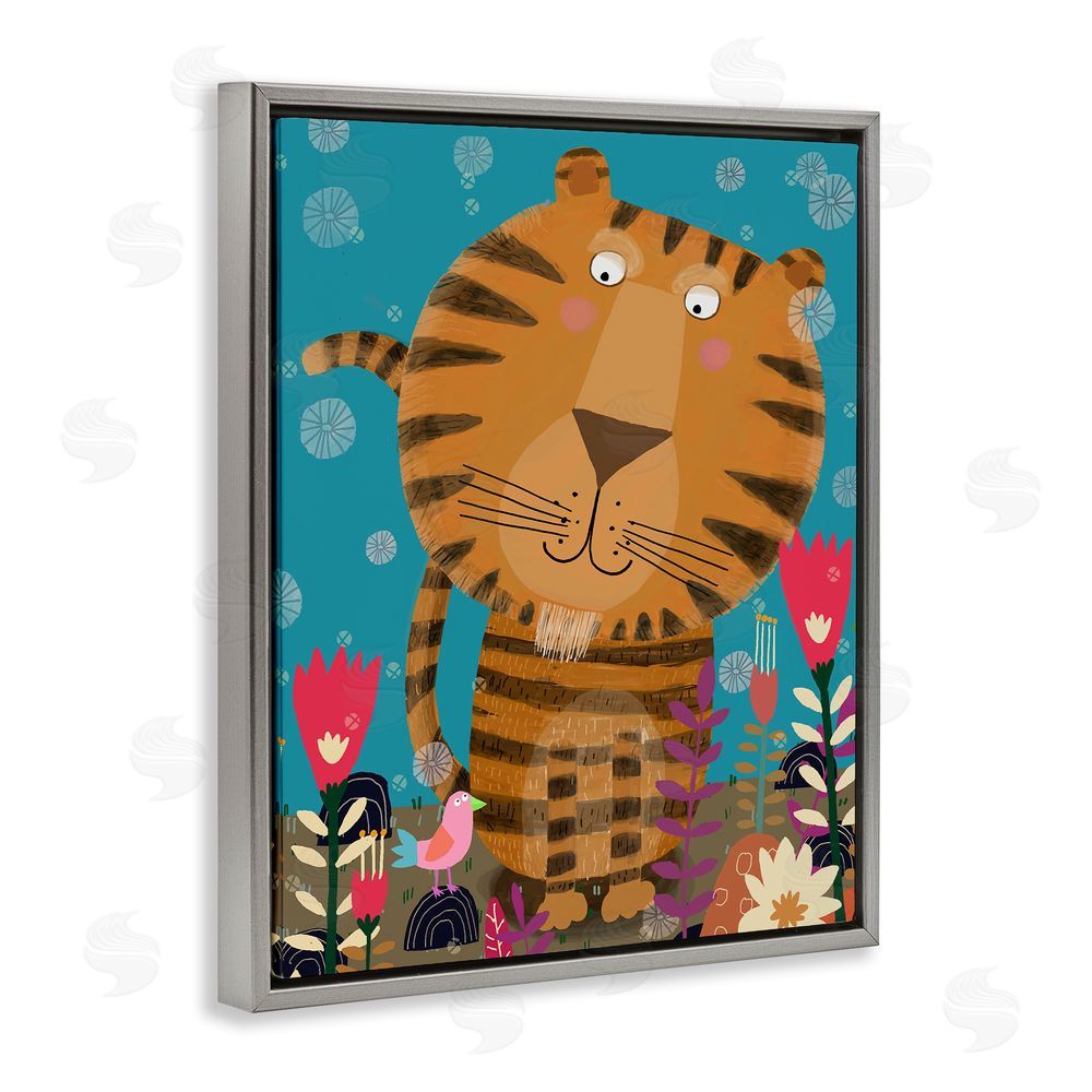 Carla Daly Boho Tiger & Flowers Gray Floating Frame Canvas Wall Art Print