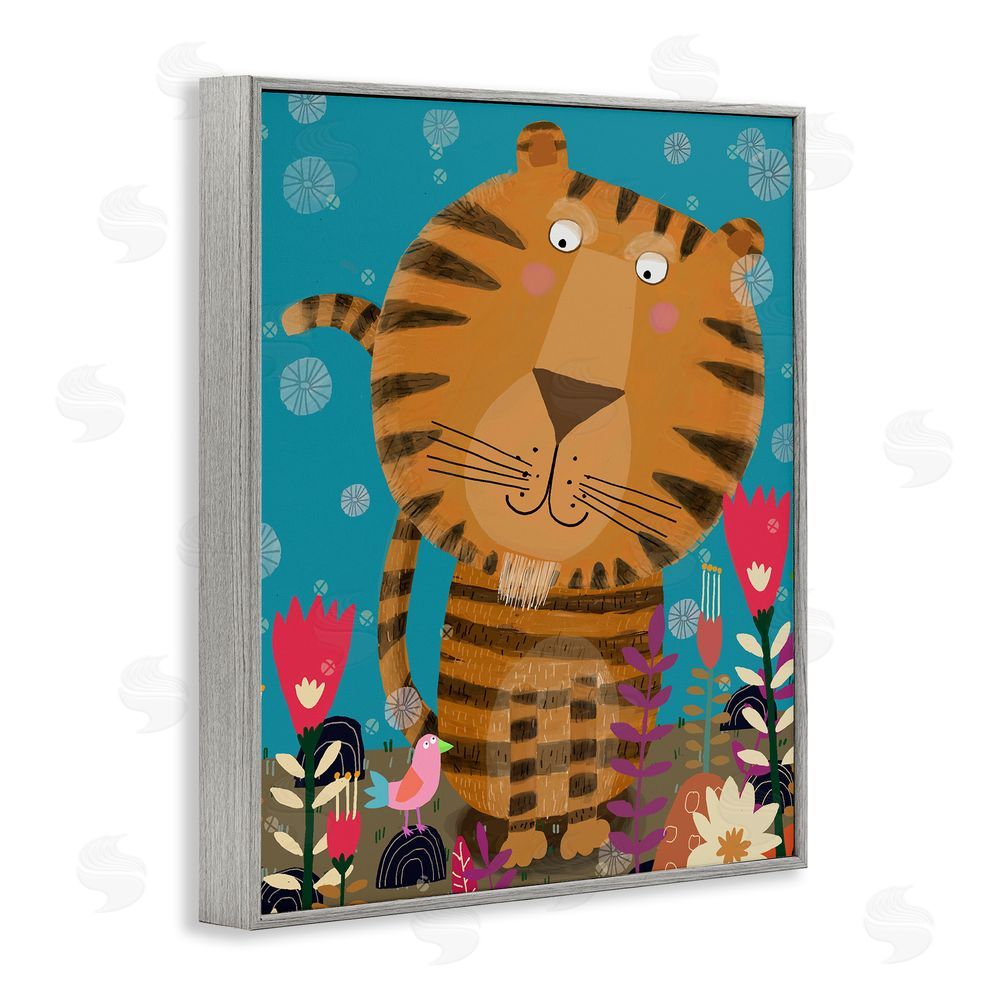 Carla Daly Boho Tiger & Flowers Gray Framed Giclee Wall Art Print