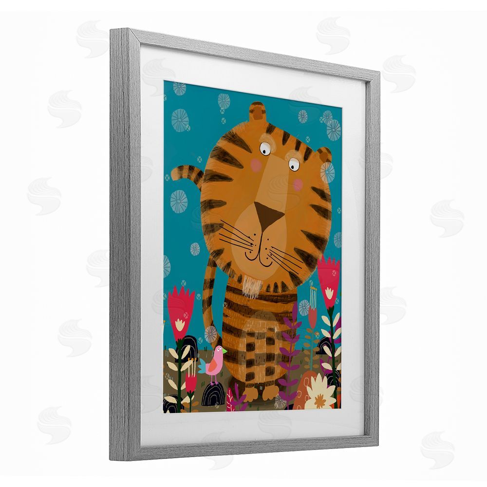 Carla Daly Boho Tiger & Flowers Gray Framed Print Under Glass Wall Art