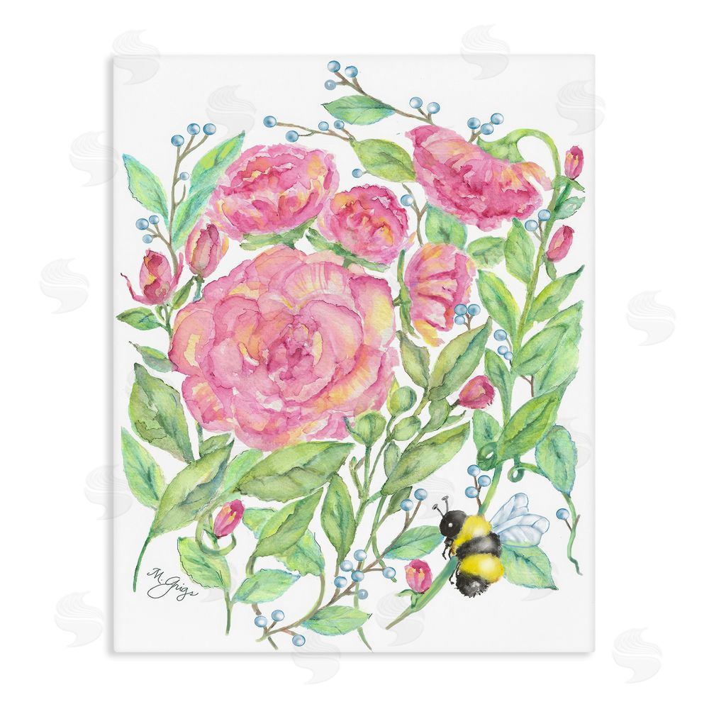 Maureen Grigs Peony & Bumble Bee Stretched Canvas Wall Art Print