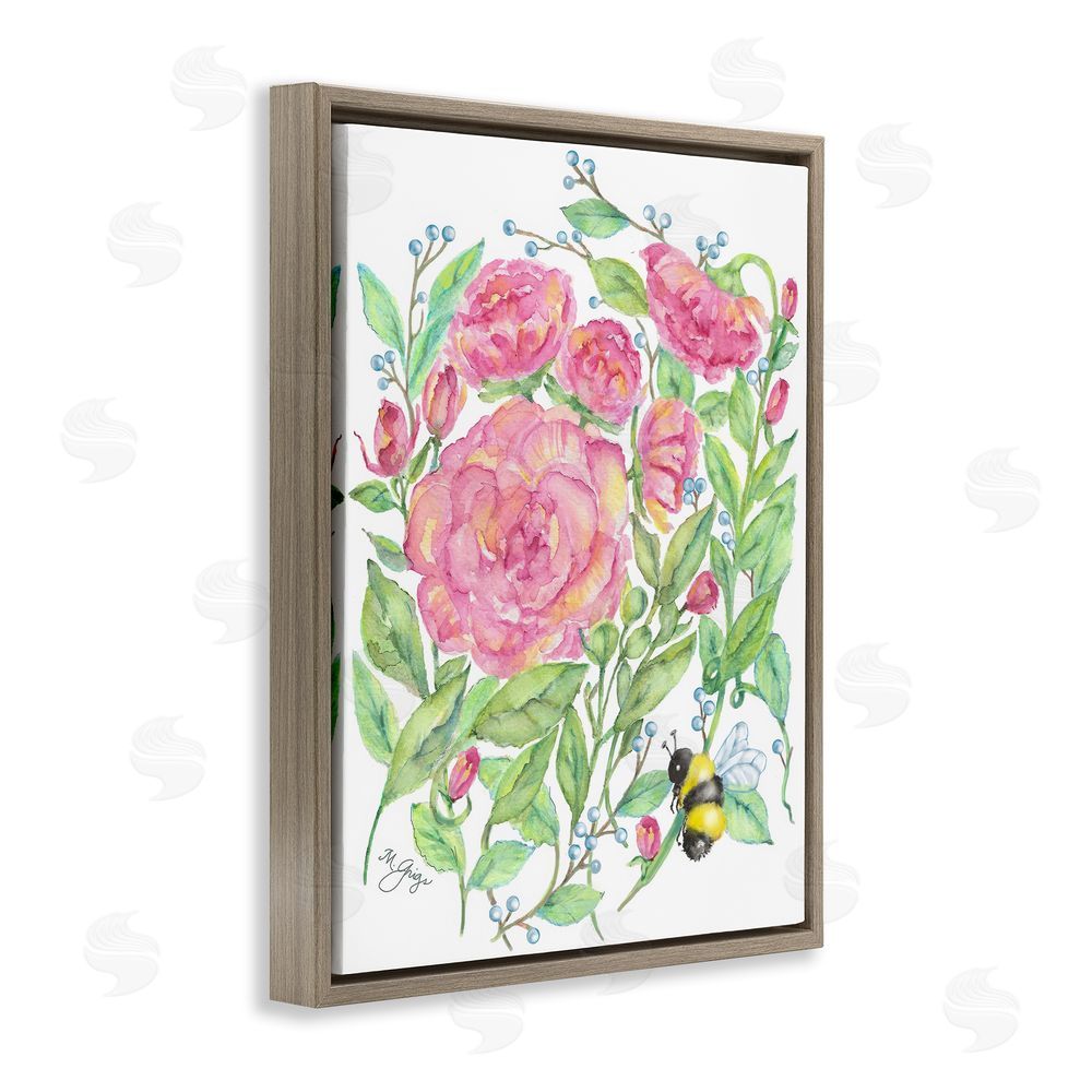 Maureen Grigs Peony & Bumble Bee Brown Floating Frame Canvas Wall Art Print