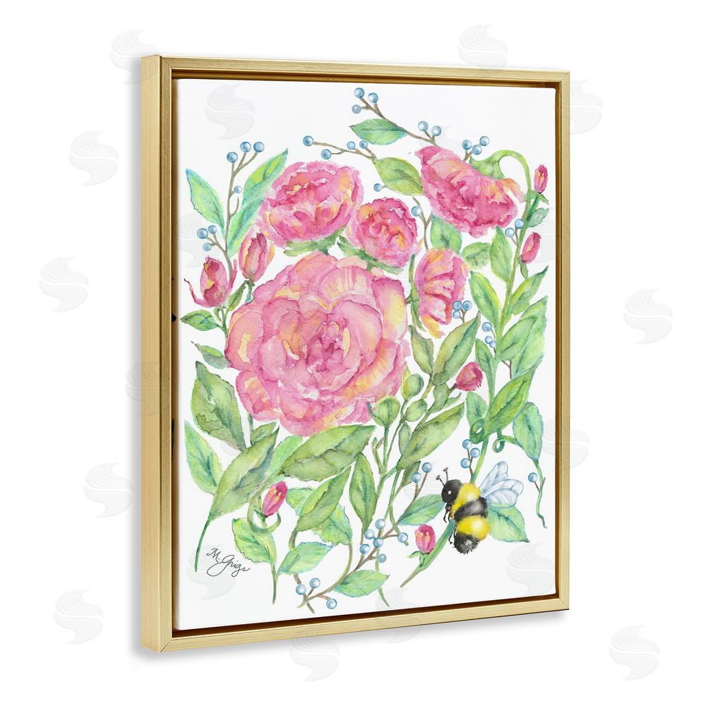 Maureen Grigs Peony & Bumble Bee Gold Floating Frame Canvas Wall Art Print