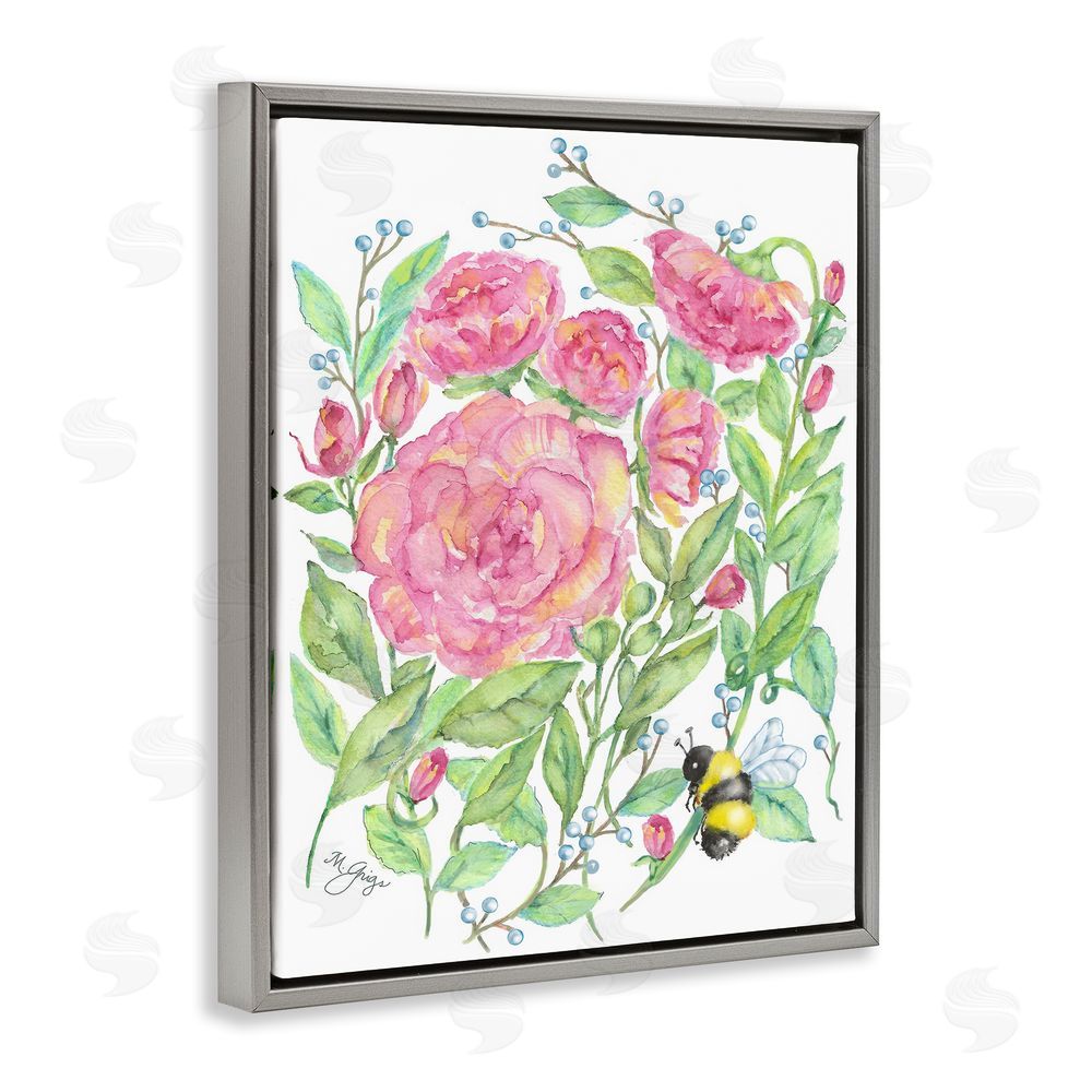 Maureen Grigs Peony & Bumble Bee Gray Floating Frame Canvas Wall Art Print
