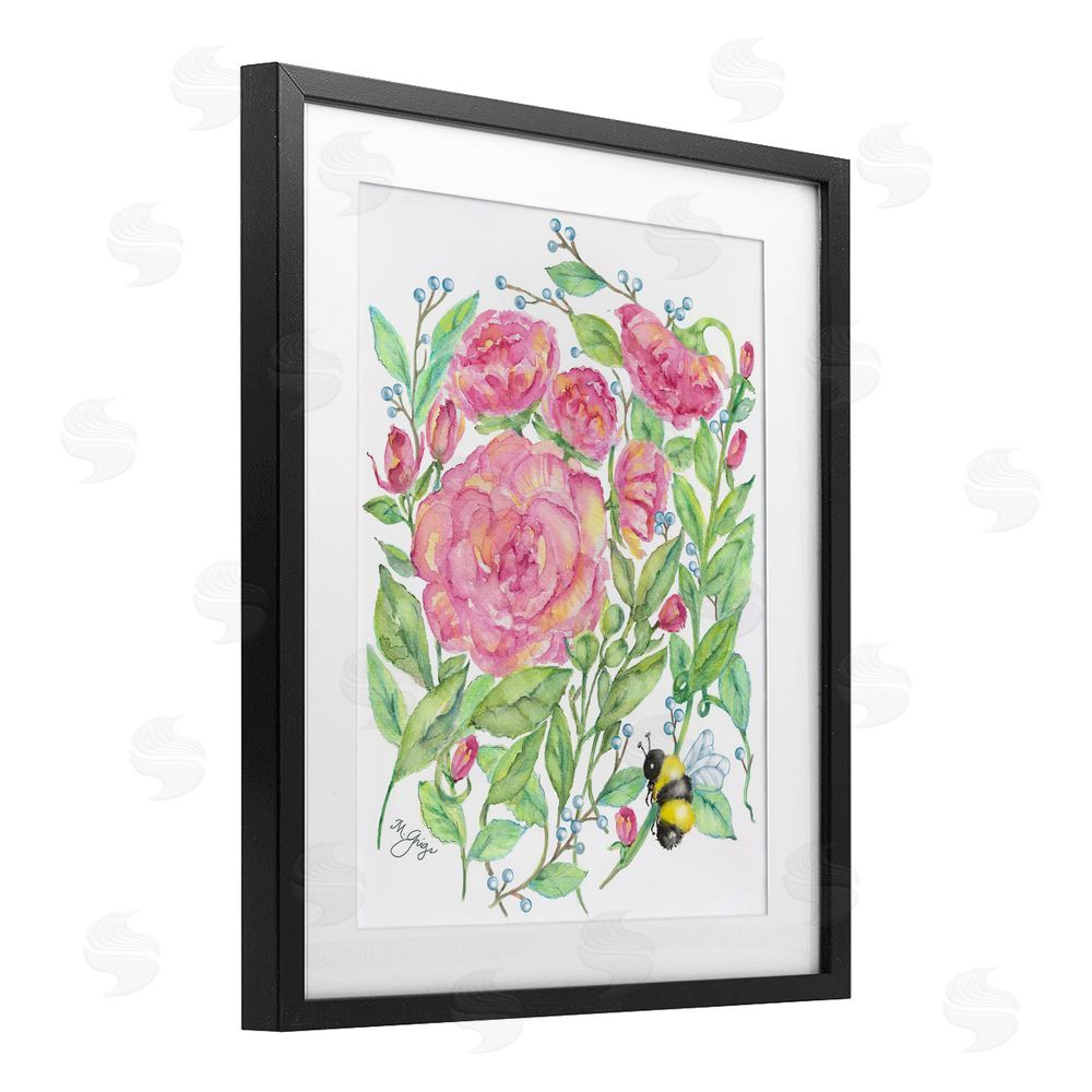Maureen Grigs Peony & Bumble Bee Black Framed Print Under Glass Wall Art