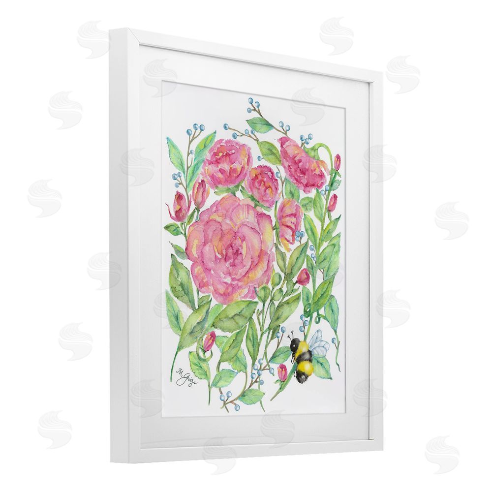 Maureen Grigs Peony & Bumble Bee White Framed Print Under Glass Wall Art