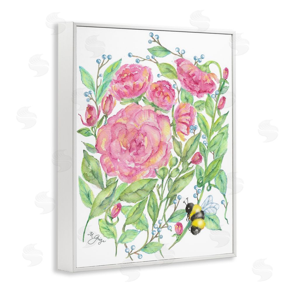 Maureen Grigs Peony & Bumble Bee White Framed Giclee Wall Art Print
