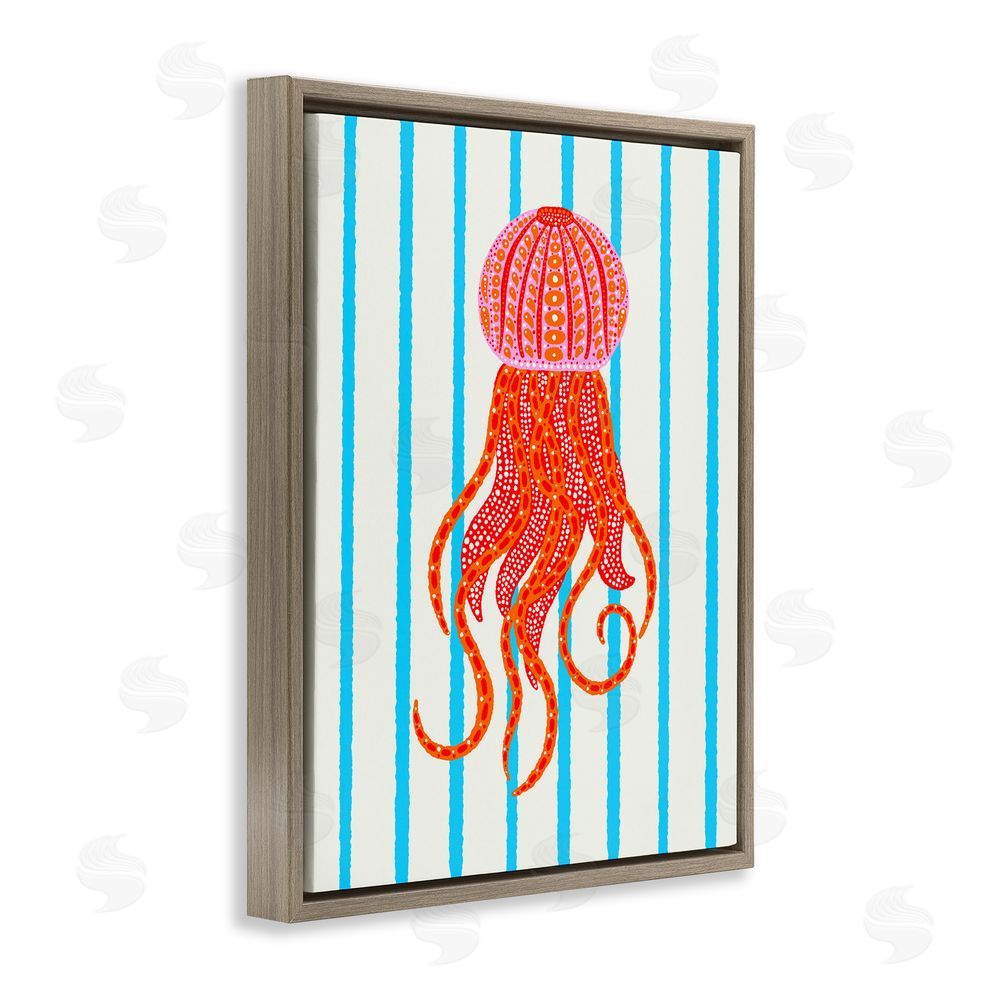 Indira Prieto | IndySign Bright Aquatic Jellyfish on Stripes Brown Floating Frame Canvas Wall Art Print