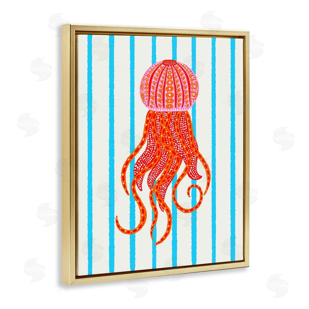 Indira Prieto | IndySign Bright Aquatic Jellyfish on Stripes Gold Floating Frame Canvas Wall Art Print