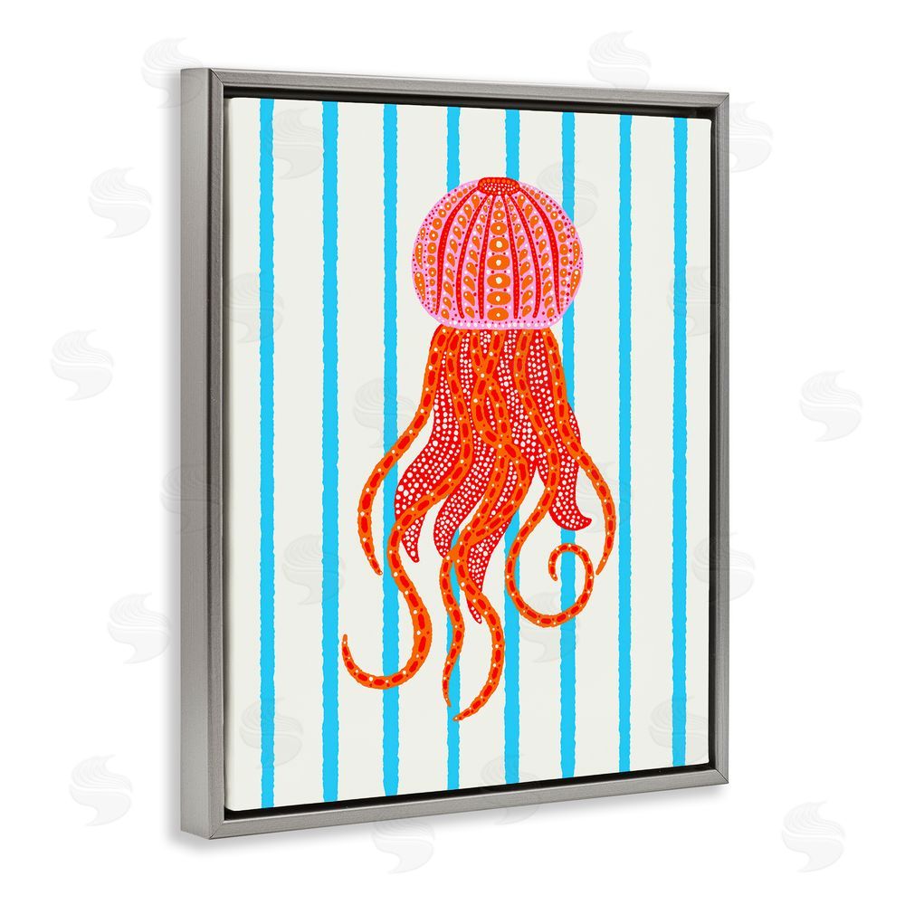 Indira Prieto | IndySign Bright Aquatic Jellyfish on Stripes Gray Floating Frame Canvas Wall Art Print