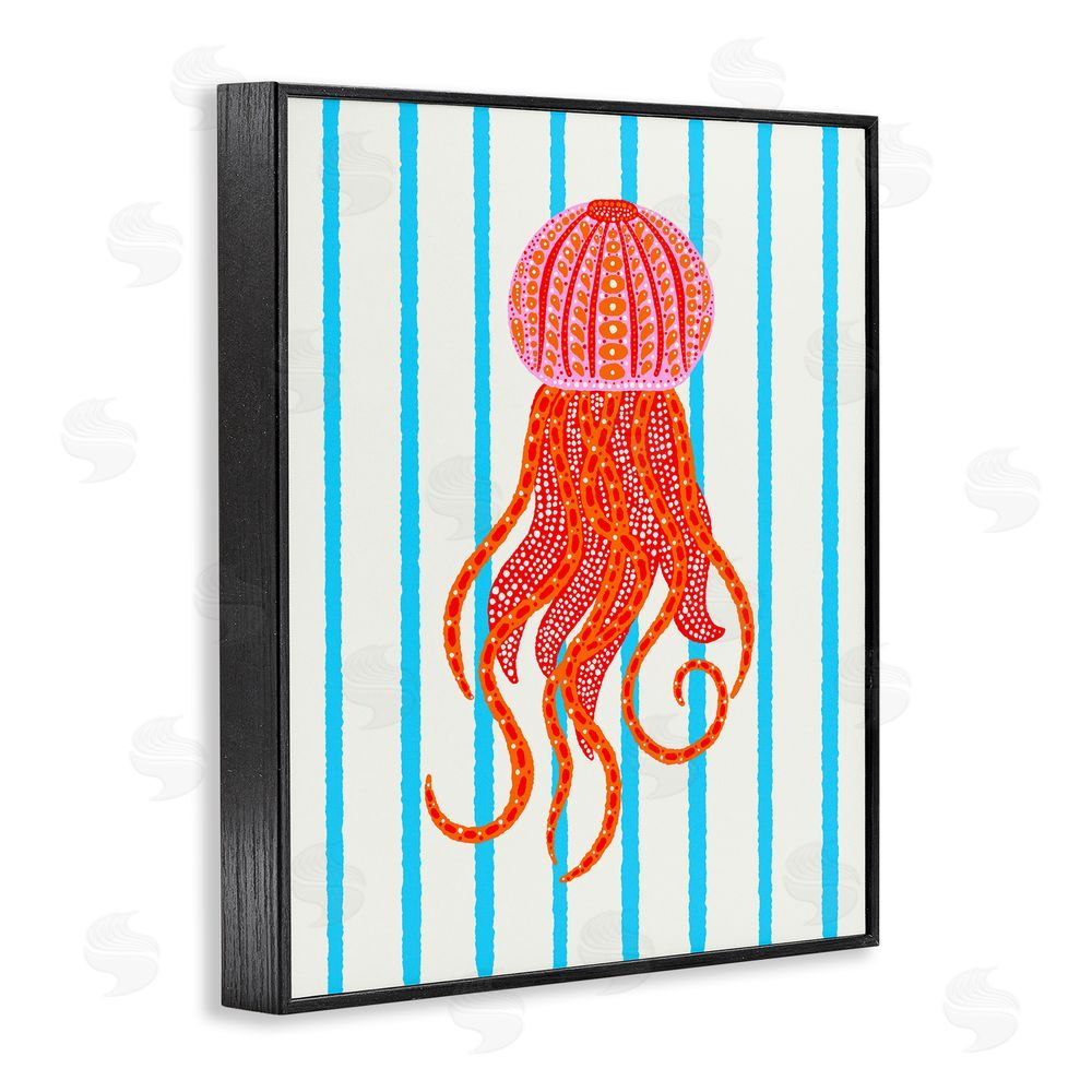 Indira Prieto | IndySign Bright Aquatic Jellyfish on Stripes Black Framed Giclee Wall Art Print