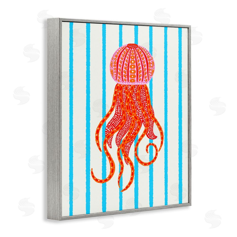 Indira Prieto | IndySign Bright Aquatic Jellyfish on Stripes Gray Framed Giclee Wall Art Print