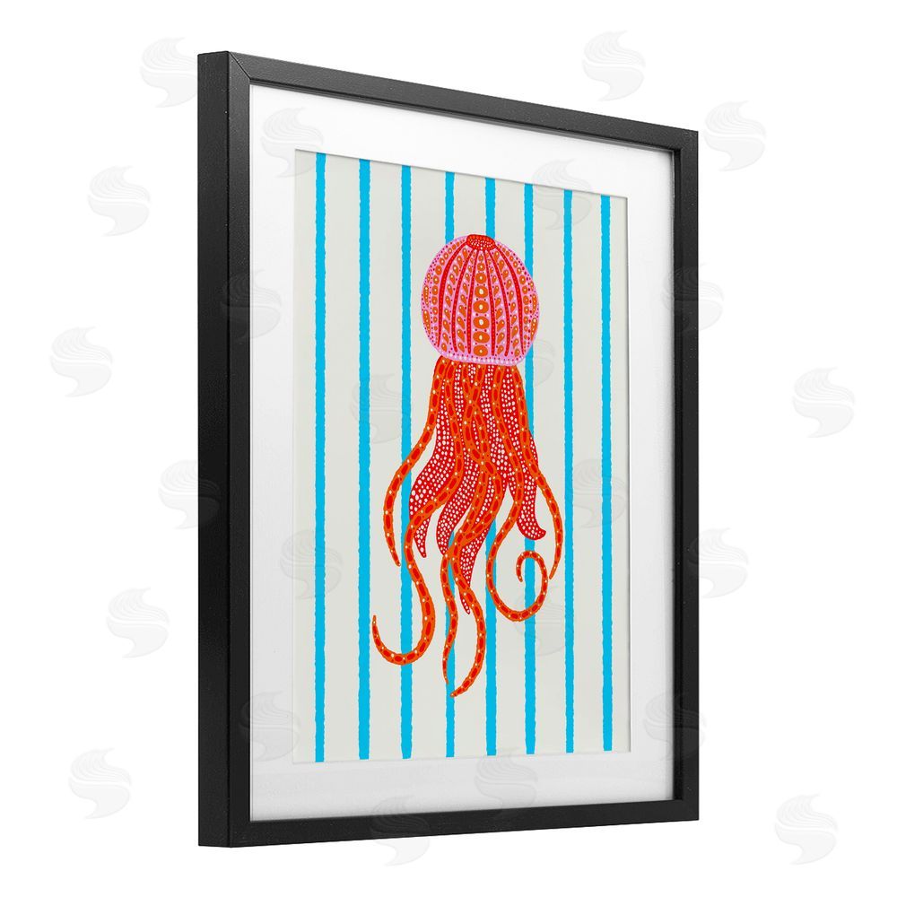Indira Prieto | IndySign Bright Aquatic Jellyfish on Stripes Black Framed Print Under Glass Wall Art