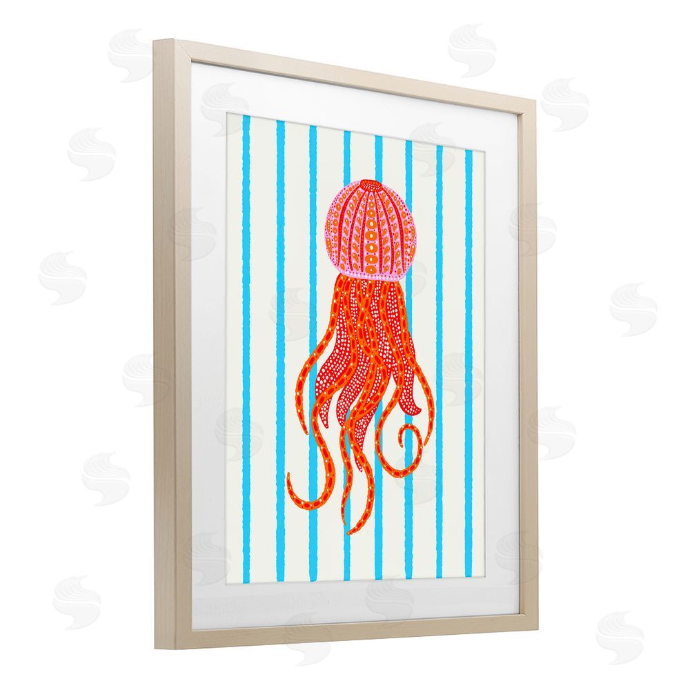 Indira Prieto | IndySign Bright Aquatic Jellyfish on Stripes Brown Framed Print Under Glass Wall Art