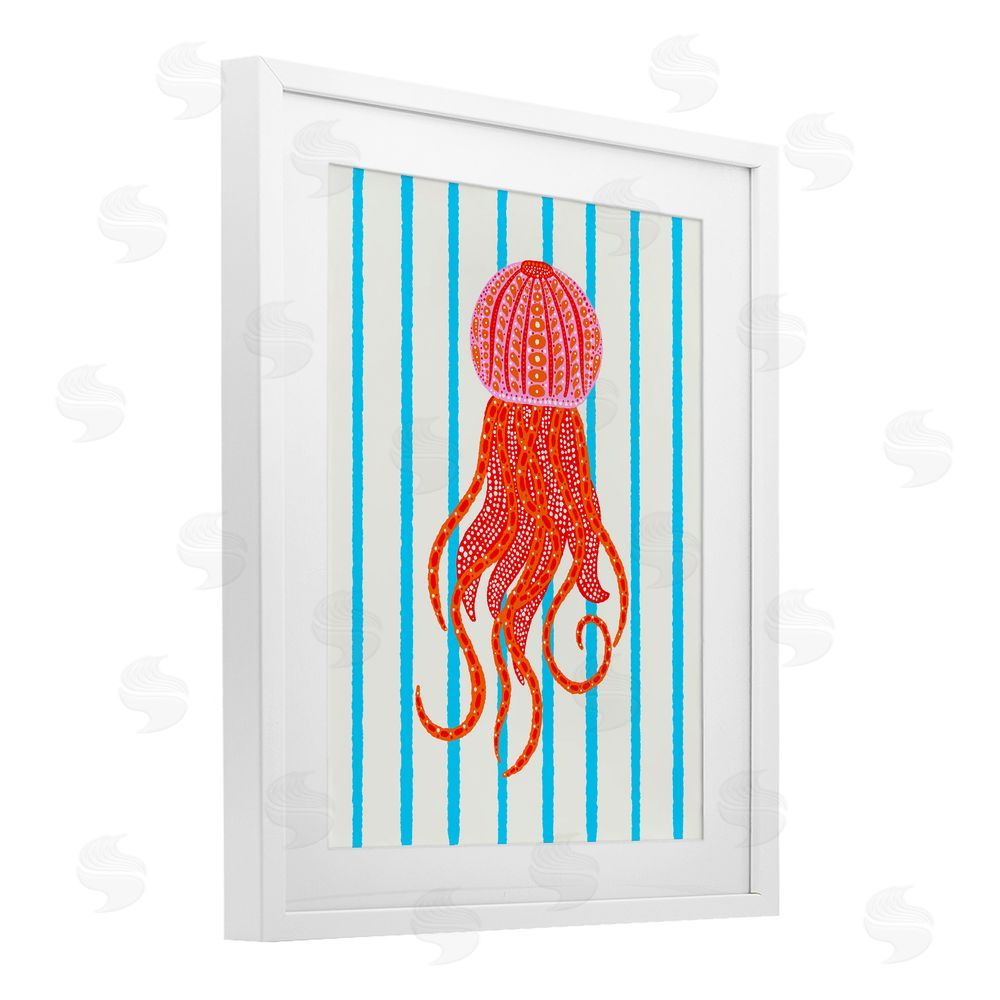 Indira Prieto | IndySign Bright Aquatic Jellyfish on Stripes White Framed Print Under Glass Wall Art