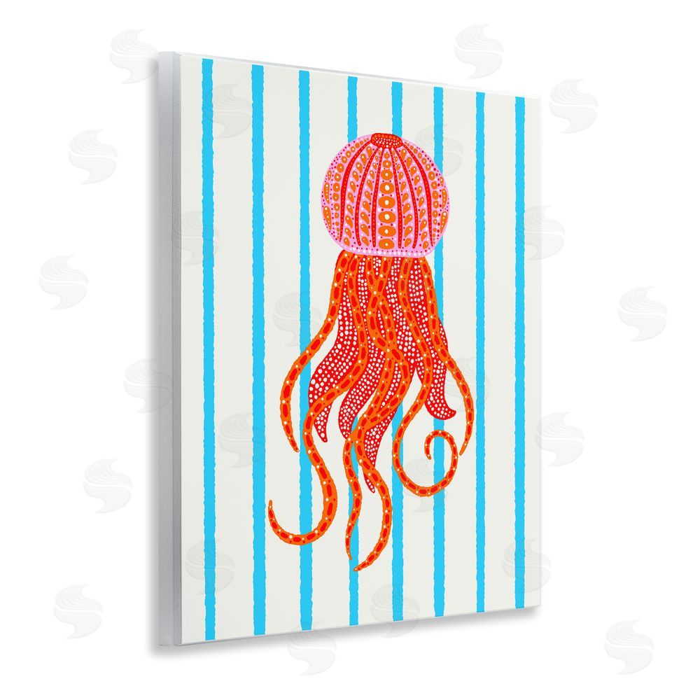 Indira Prieto | IndySign Bright Aquatic Jellyfish on Stripes Wooden Wall Plaque Art Print