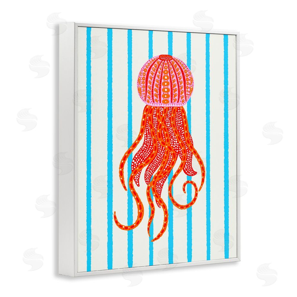 Indira Prieto | IndySign Bright Aquatic Jellyfish on Stripes White Framed Giclee Wall Art Print