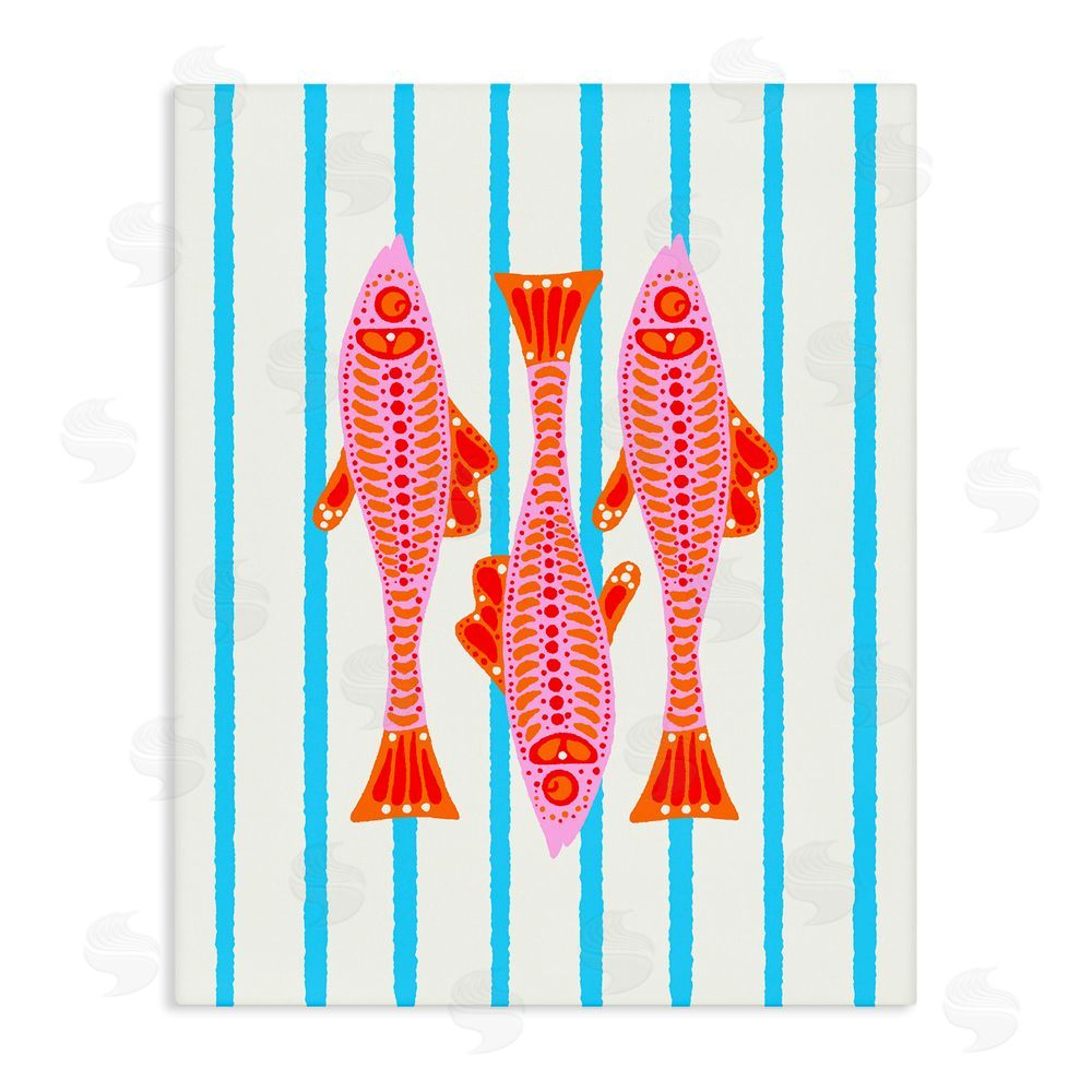 Indira Prieto | IndySign Bright Aquatic Fish on Stripes Stretched Canvas Wall Art Print
